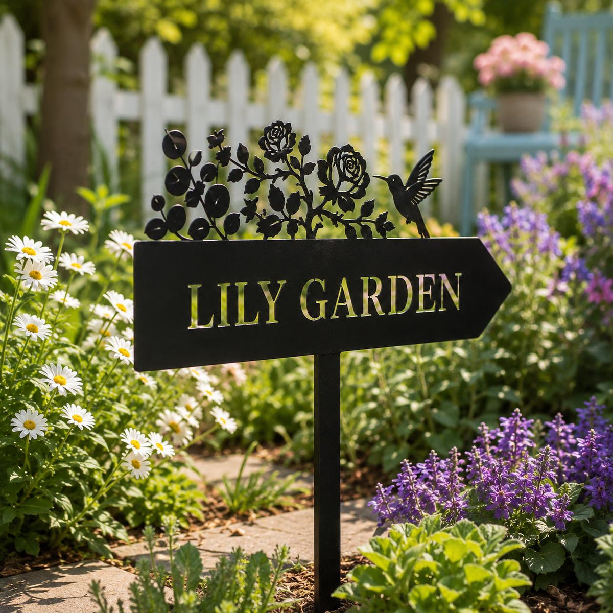 Hummingbird Rose Garden Sign - Personalized Name Metal Arrow Stake - image 5
