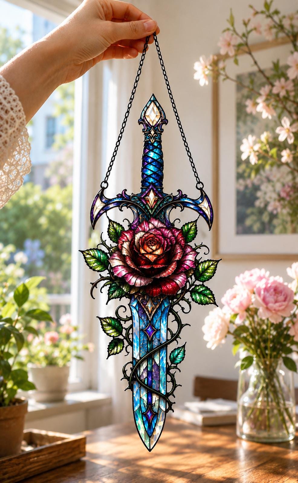 Rose Sword Suncatcher - Gothic Floral Acrylic Window Hanging - image 5