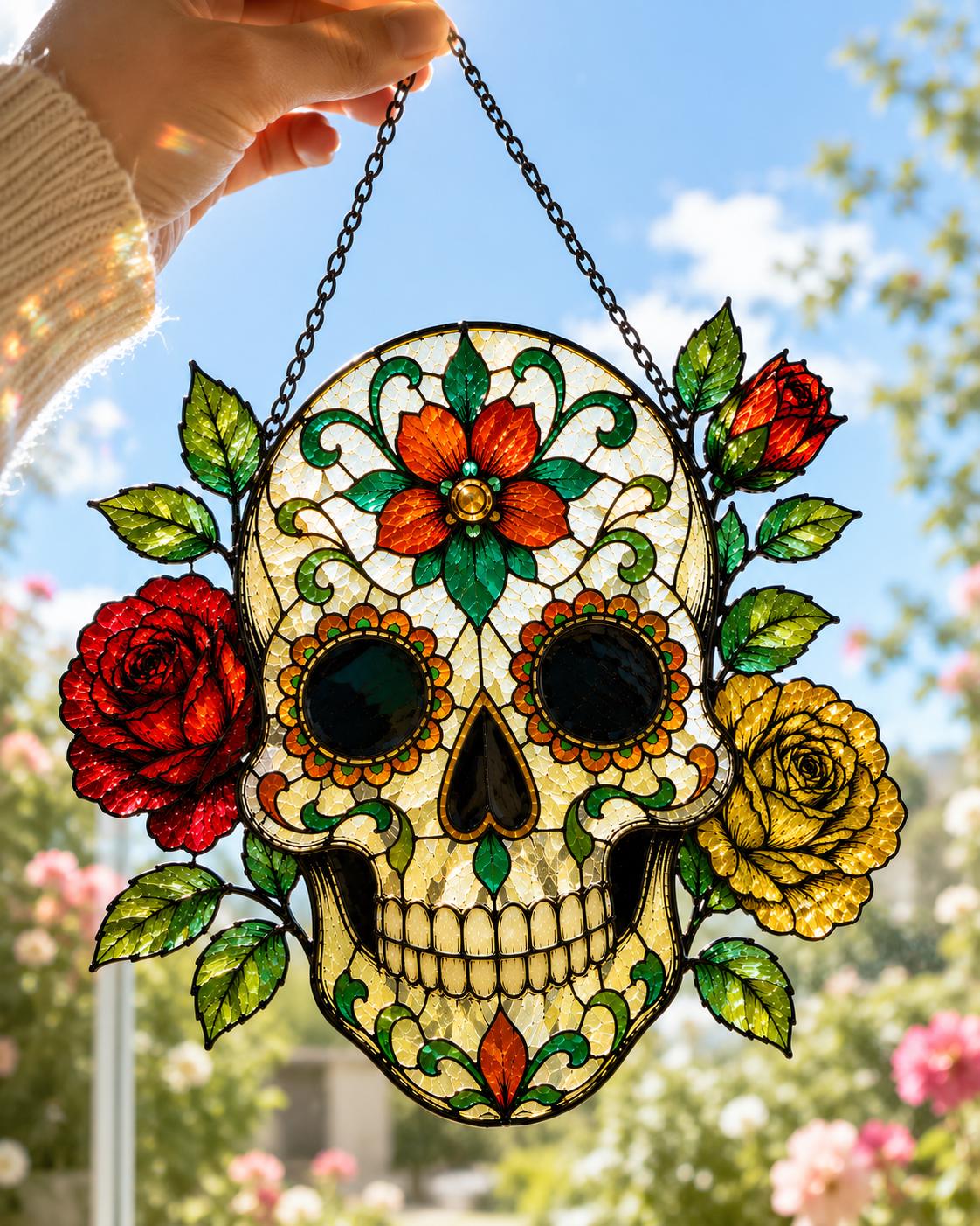 Sugar Skull Suncatcher - Floral Skull Acrylic Window Hanging - image 2
