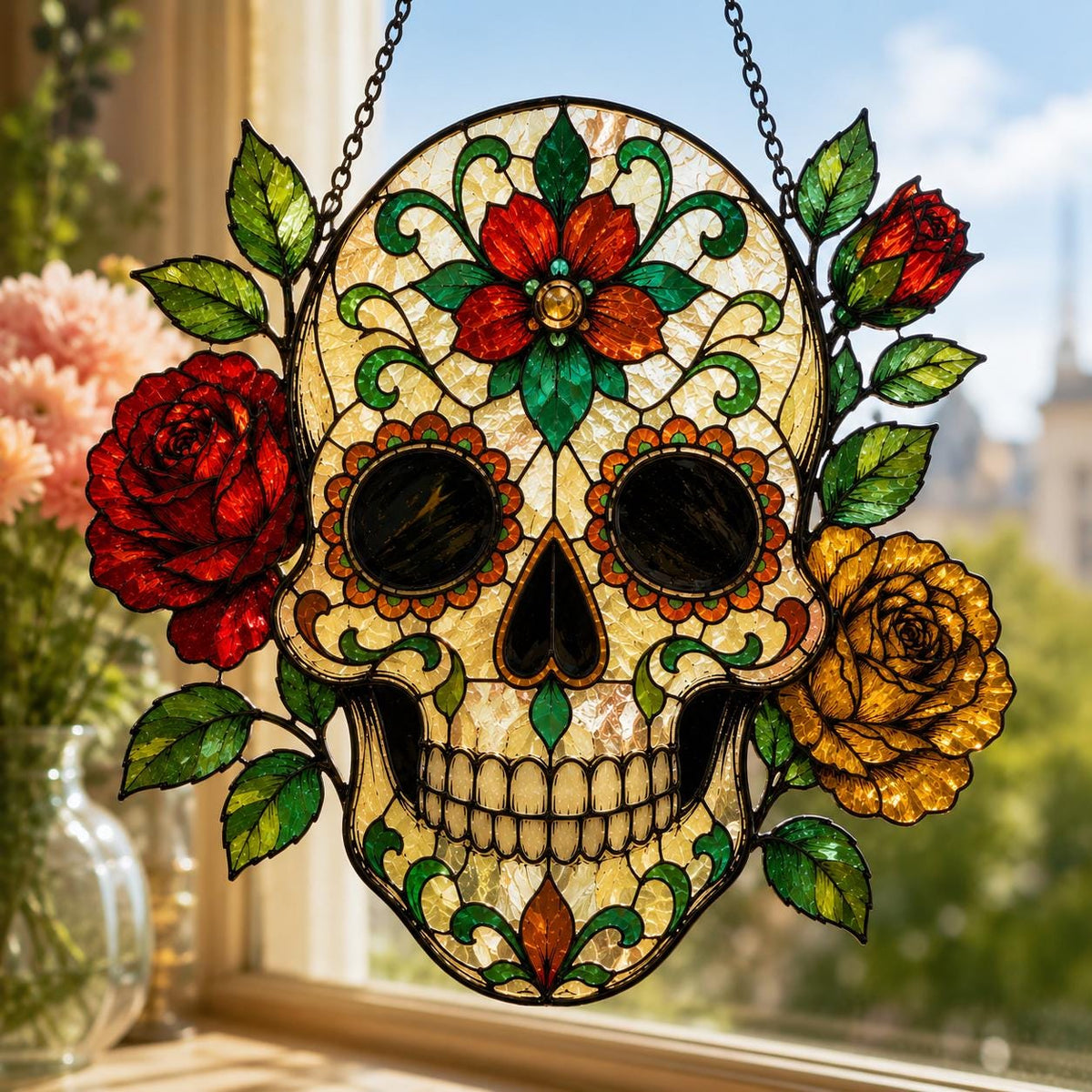 Sugar Skull Suncatcher - Floral Skull Acrylic Window Hanging - image 3