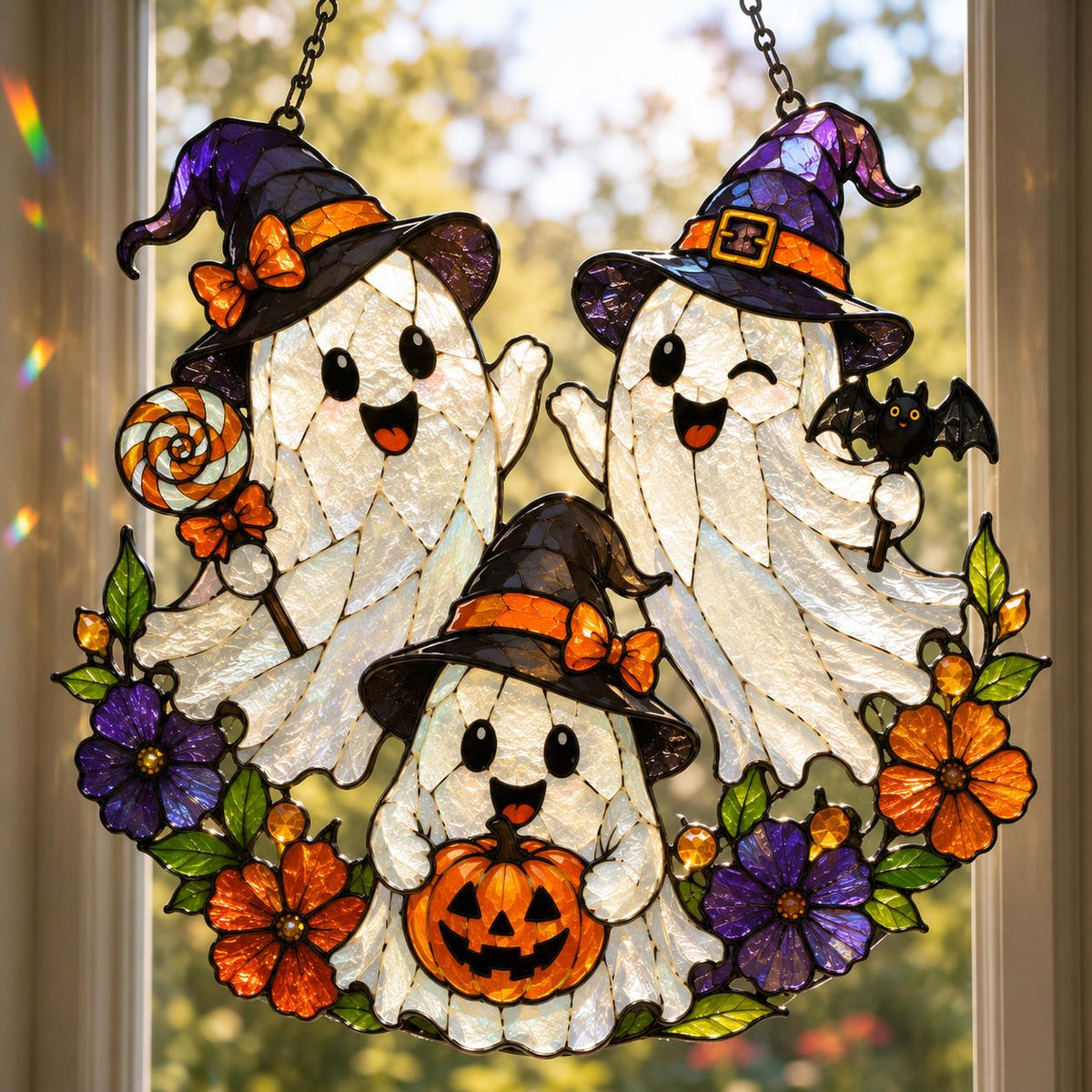 Halloween Ghost Trio Suncatcher - Cute Witch Ghost Acrylic Window Hanging
