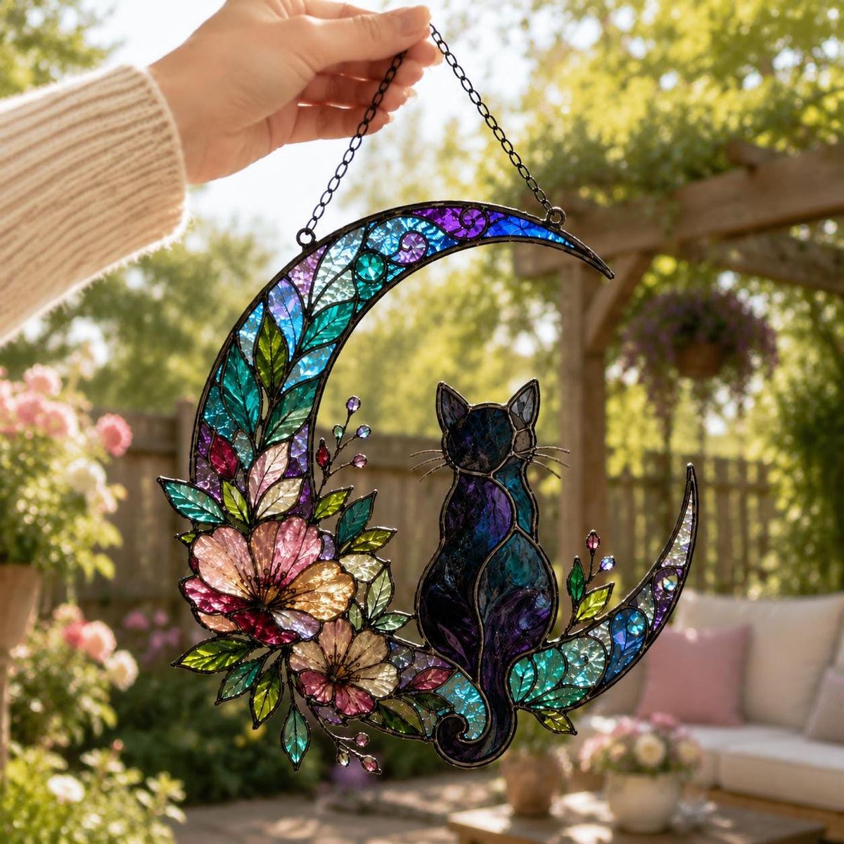 Moon Cat Suncatcher - Black Cat Acrylic Window Hanging - image 3