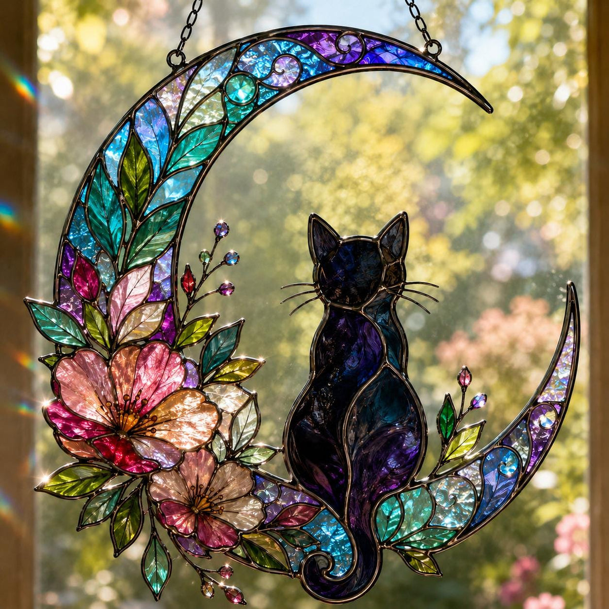 Moon Cat Suncatcher - Black Cat Acrylic Window Hanging