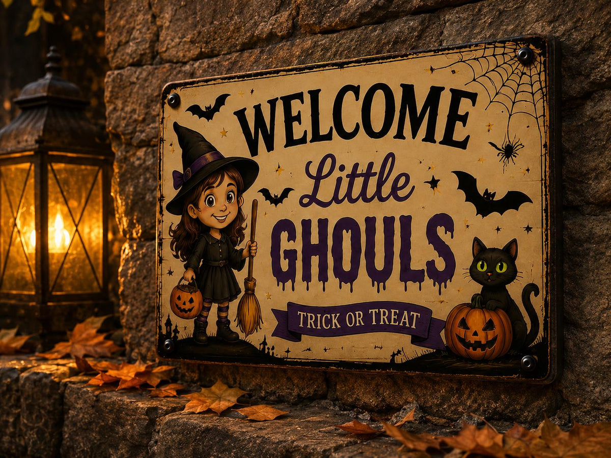 Halloween Porch Sign - Welcome Little Ghouls Metal Wall Decor - image 2