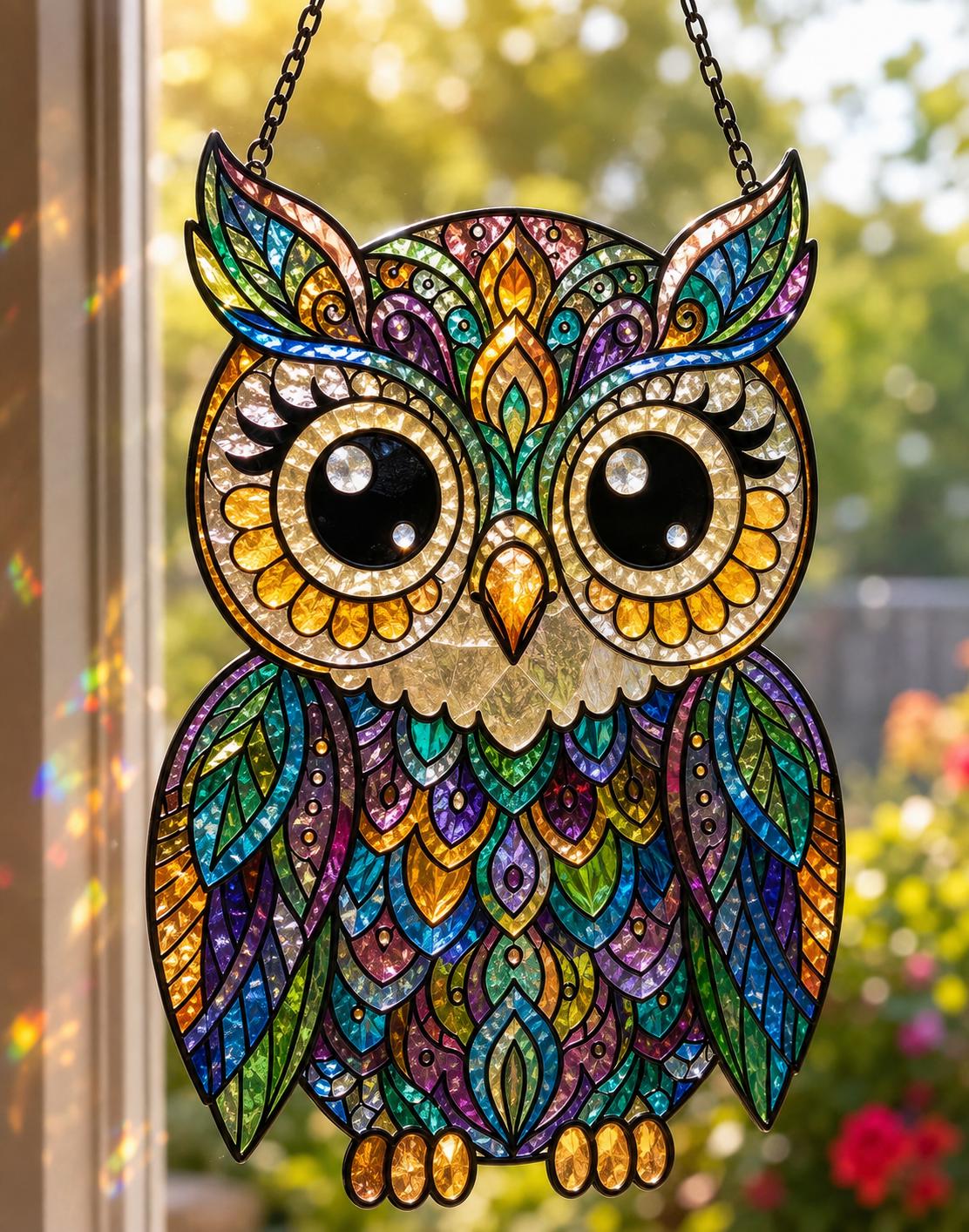Colorful Owl Suncatcher - Acrylic Owl Window Hanging