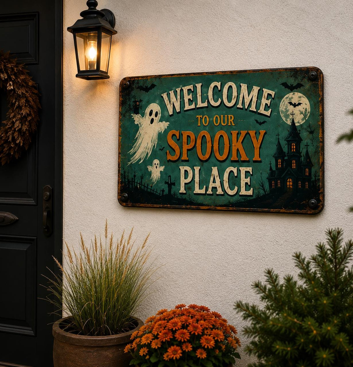 Welcome to Our Spooky Place Sign - Vintage Ghost Porch Decor - image 3
