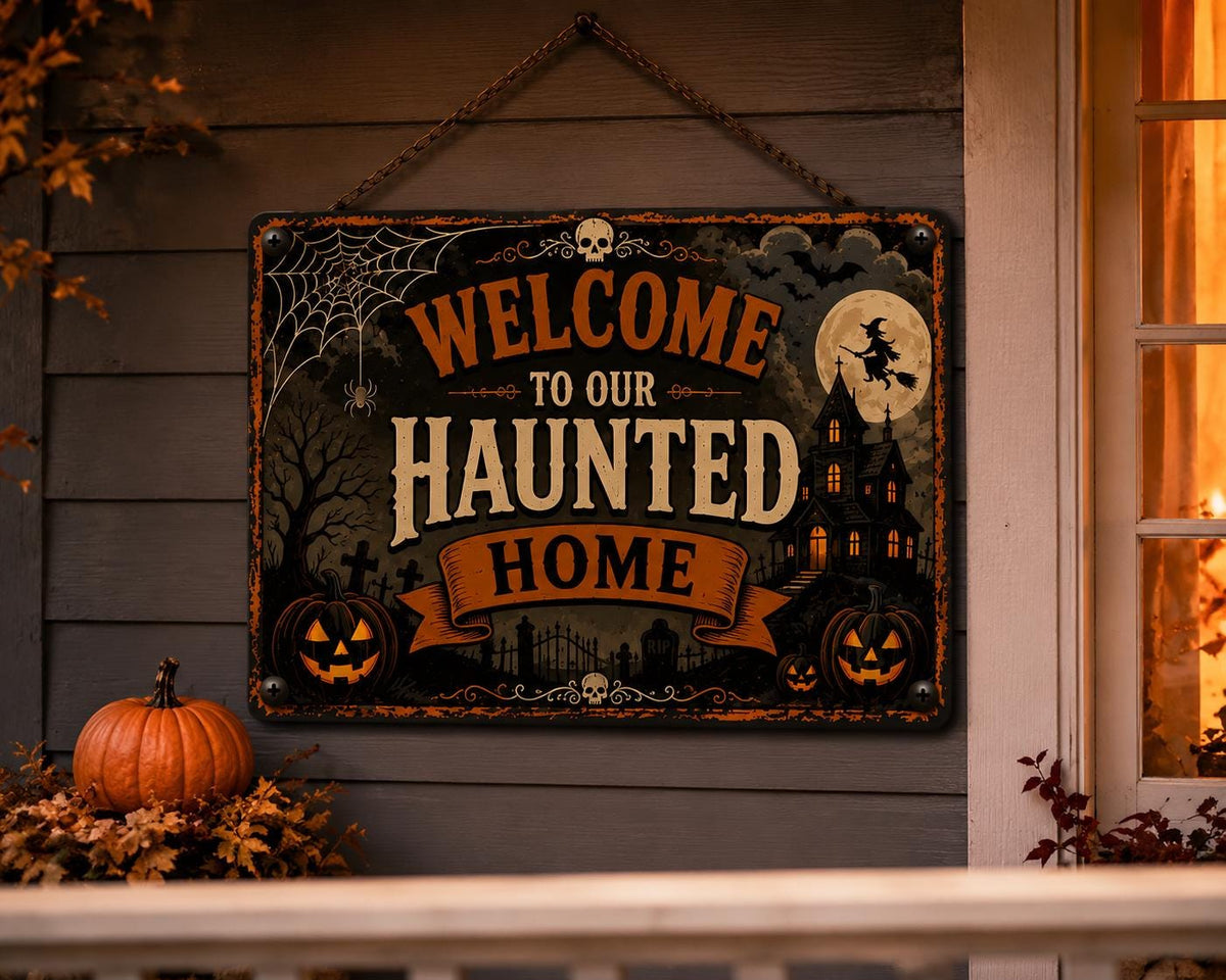 Welcome to Our Haunted Home Sign - Vintage Halloween Porch Decor - image 4