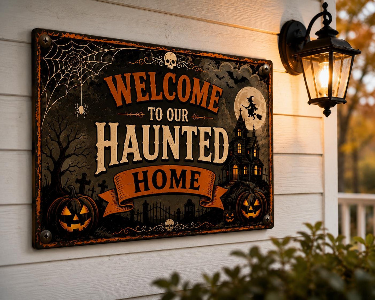 Welcome to Our Haunted Home Sign - Vintage Halloween Porch Decor - image 2