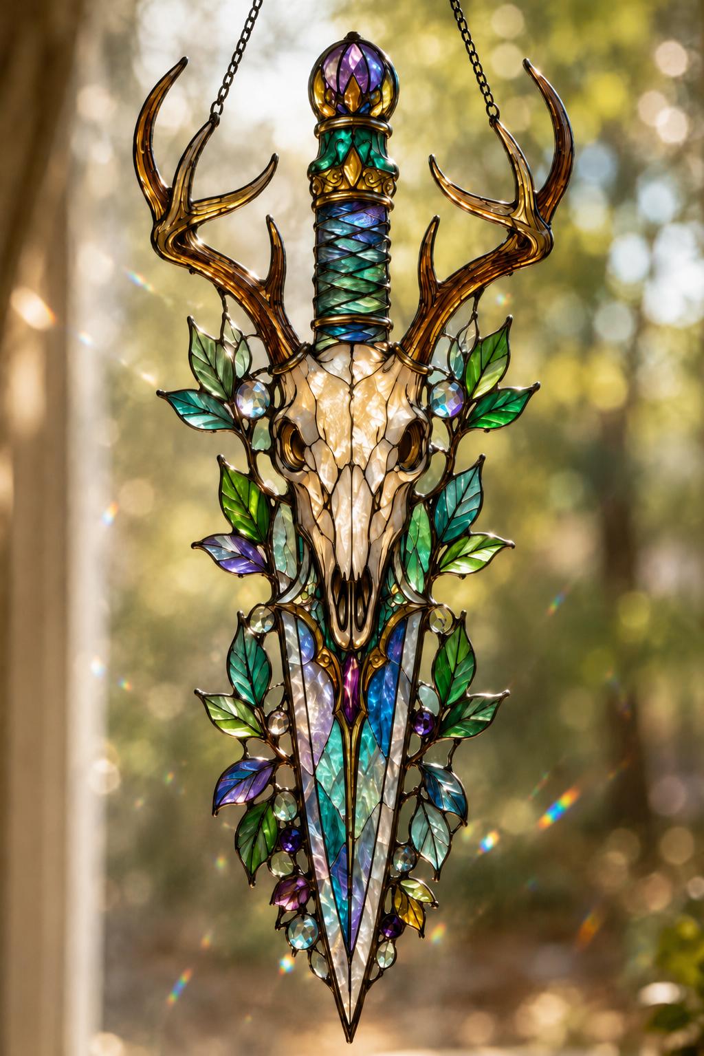 Deer Skull Dagger Suncatcher - Gothic Antler Acrylic Window Hanging - image 6