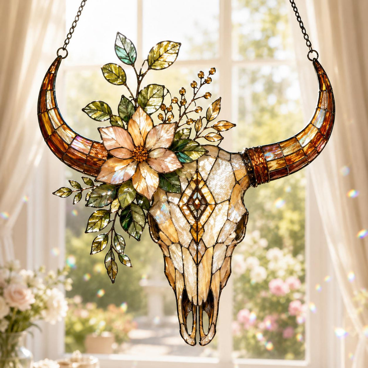 Longhorn Skull Suncatcher - Floral Acrylic Window Hanging - image 2