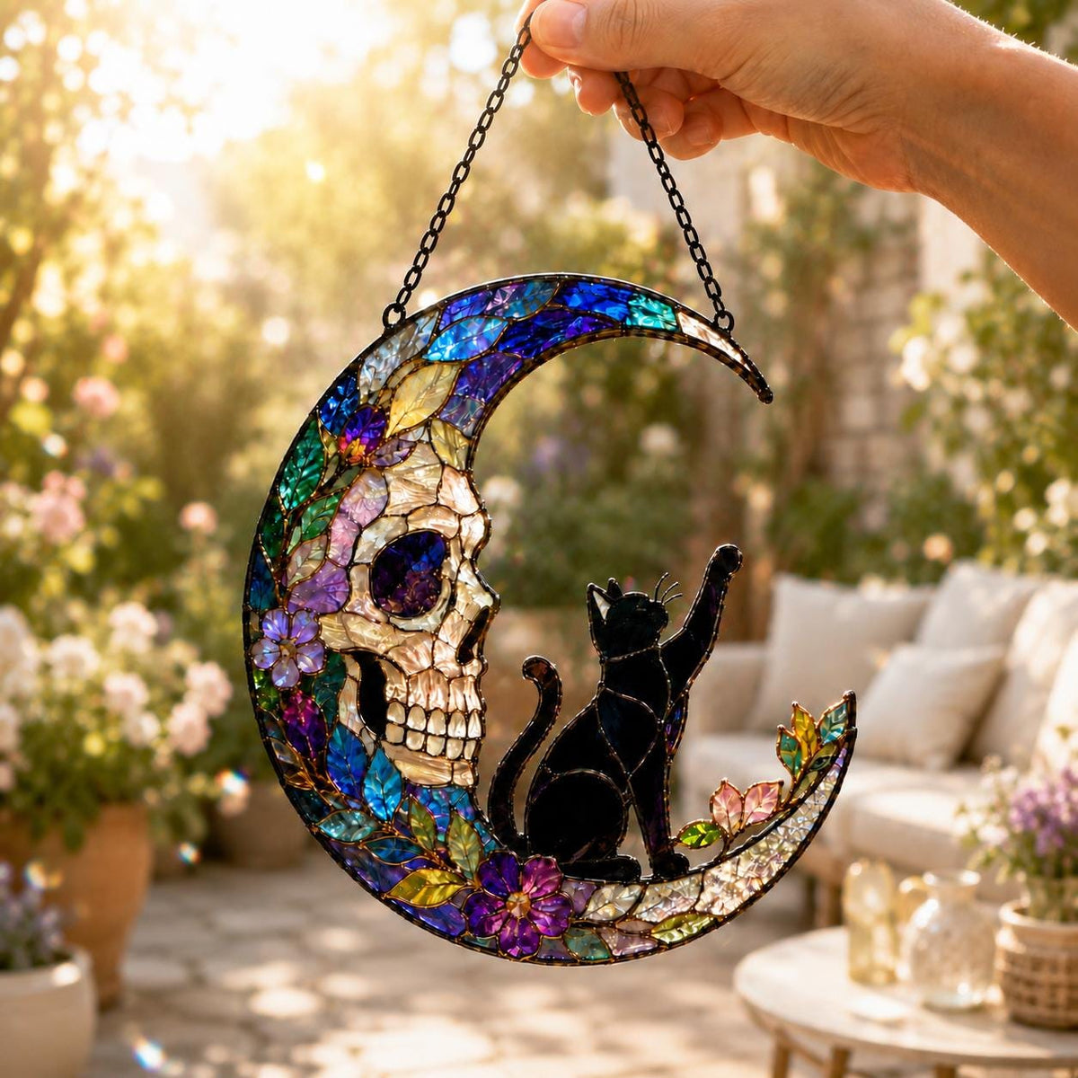 Skull Moon Suncatcher - Black Cat Acrylic Window Hanging - image 2