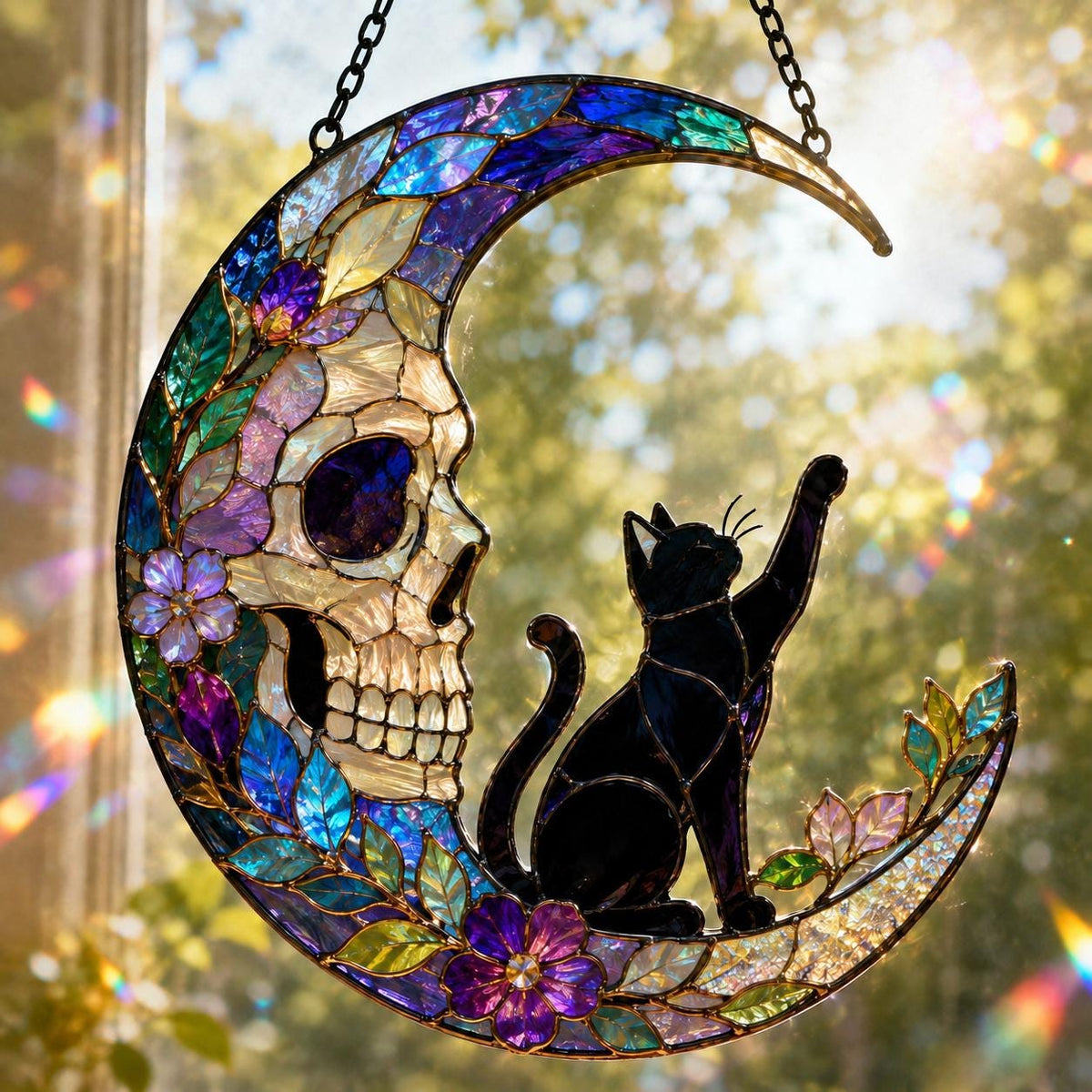 Skull Moon Suncatcher - Black Cat Acrylic Window Hanging