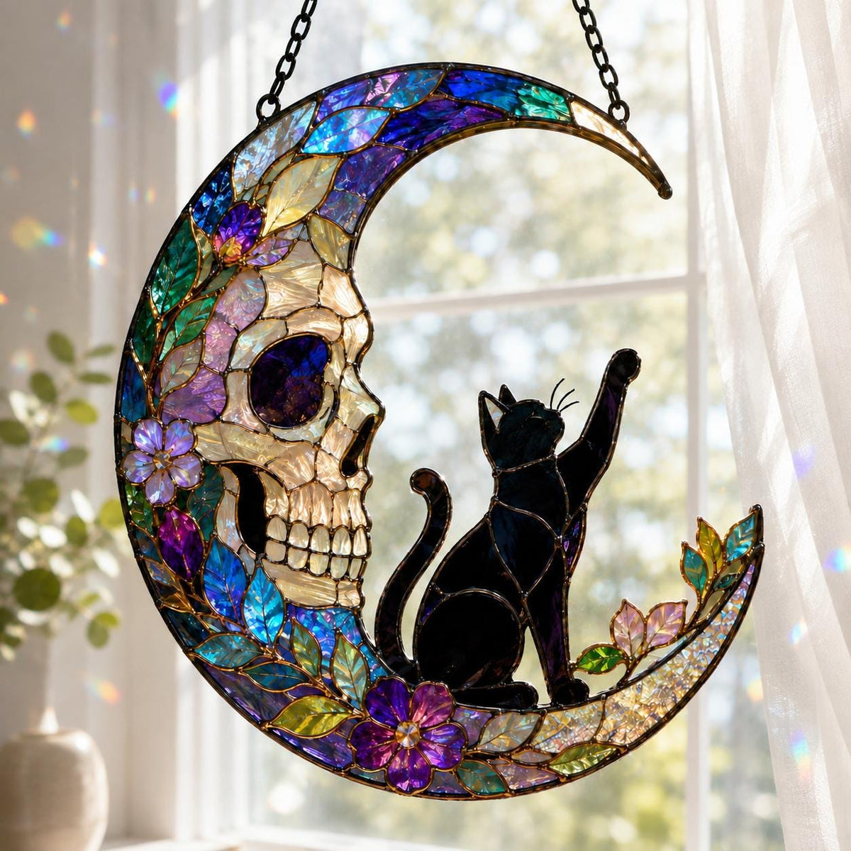 Skull Moon Suncatcher - Black Cat Acrylic Window Hanging - image 5