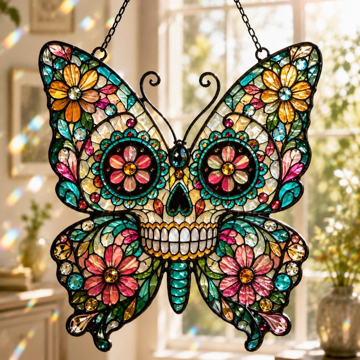 Sugar Skull Butterfly Suncatcher - Floral Acrylic Window Hanging