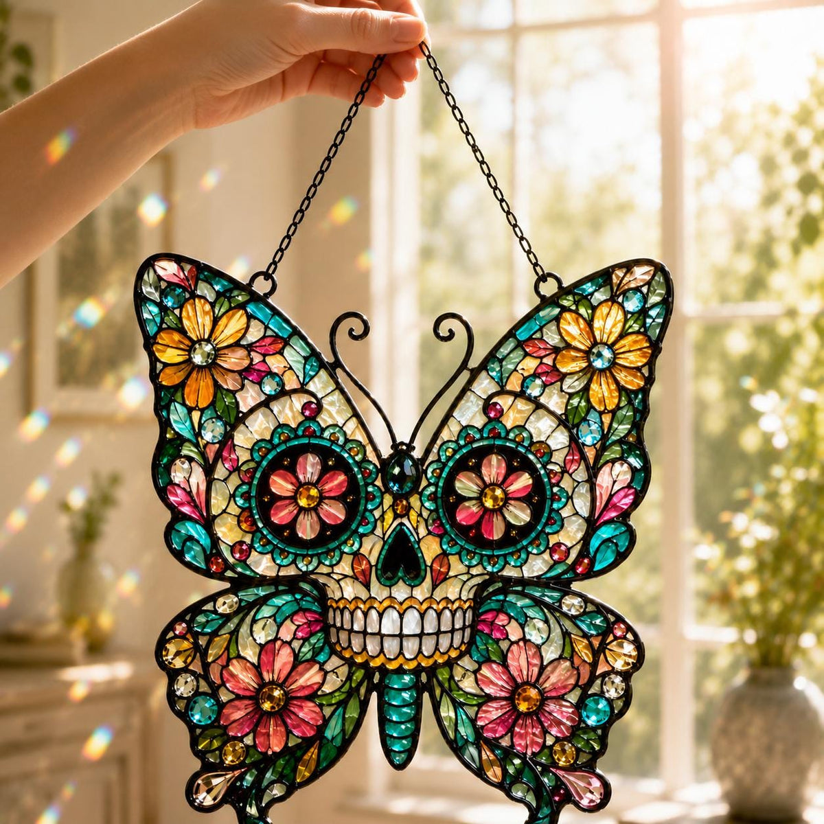 Sugar Skull Butterfly Suncatcher - Floral Acrylic Window Hanging - image 5
