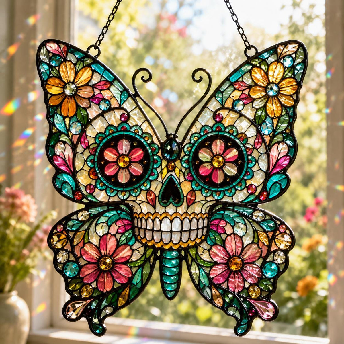 Sugar Skull Butterfly Suncatcher - Floral Acrylic Window Hanging - image 2