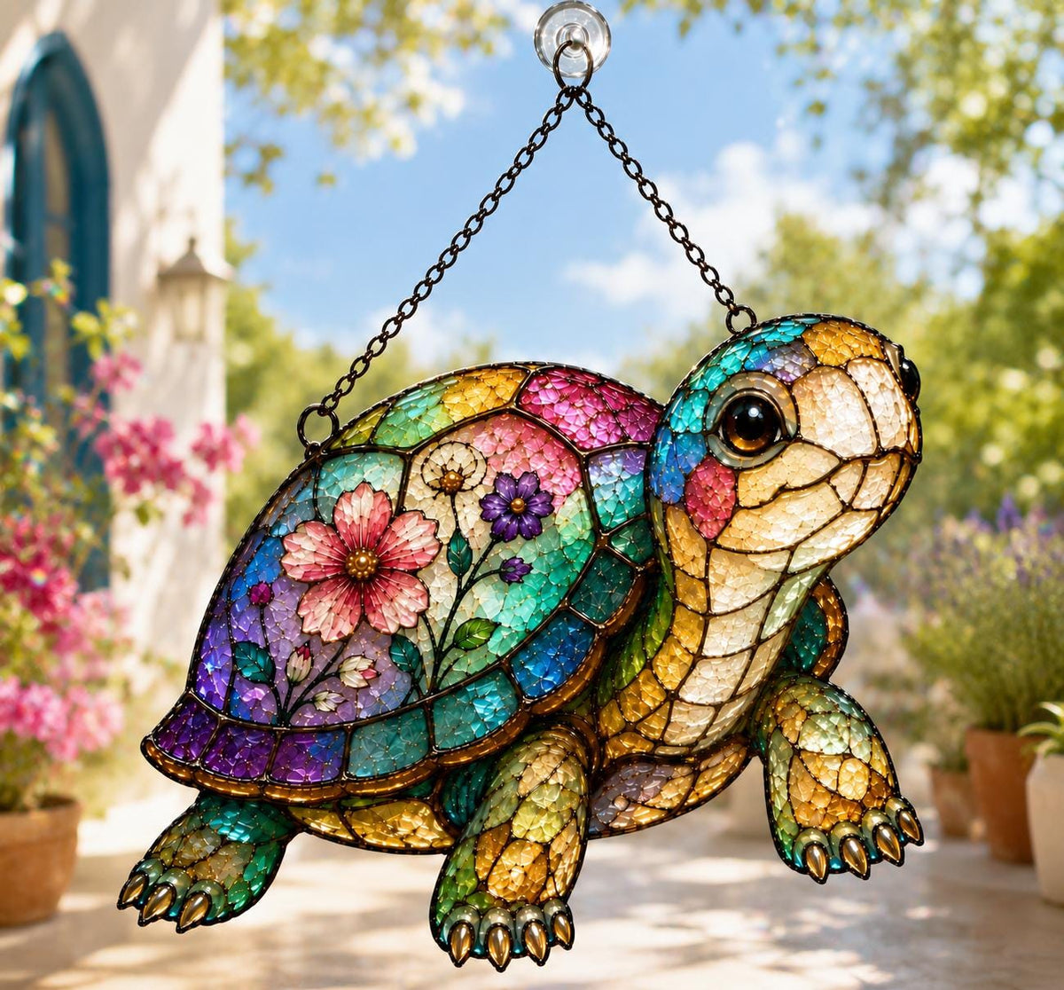 Garden Turtle Window Hanging - Floral Acrylic Suncatcher - image 3