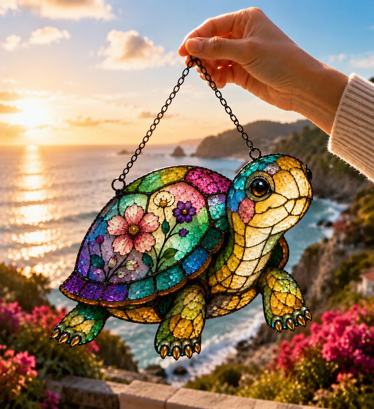 Garden Turtle Window Hanging - Floral Acrylic Suncatcher - image 2