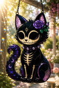 Skeleton Cat Suncatcher - Gothic Stained Glass Style Window Hanging