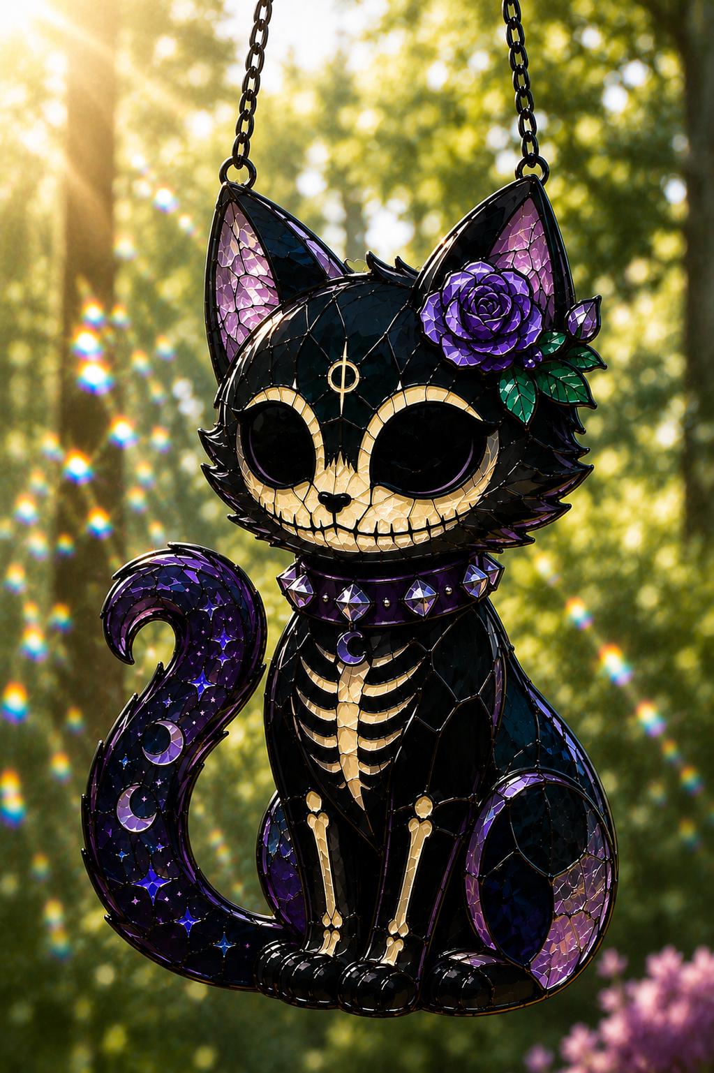 Skeleton Cat Suncatcher - Gothic Stained Glass Style Window Hanging - image 3