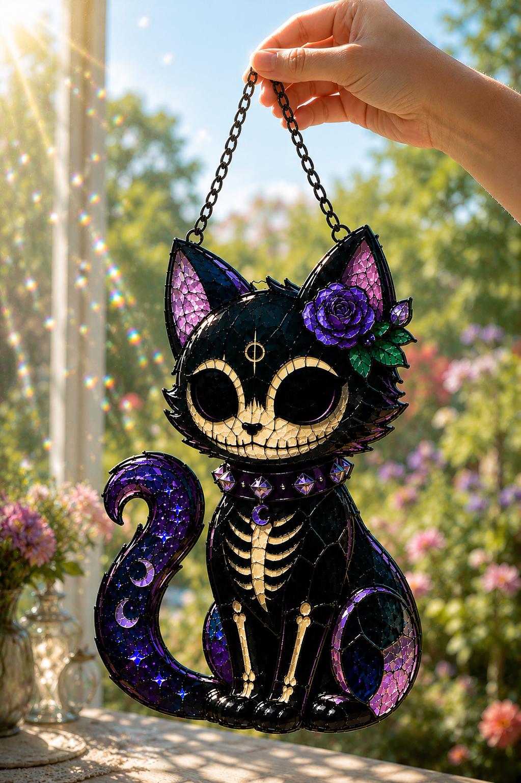 Skeleton Cat Suncatcher - Gothic Stained Glass Style Window Hanging - image 2