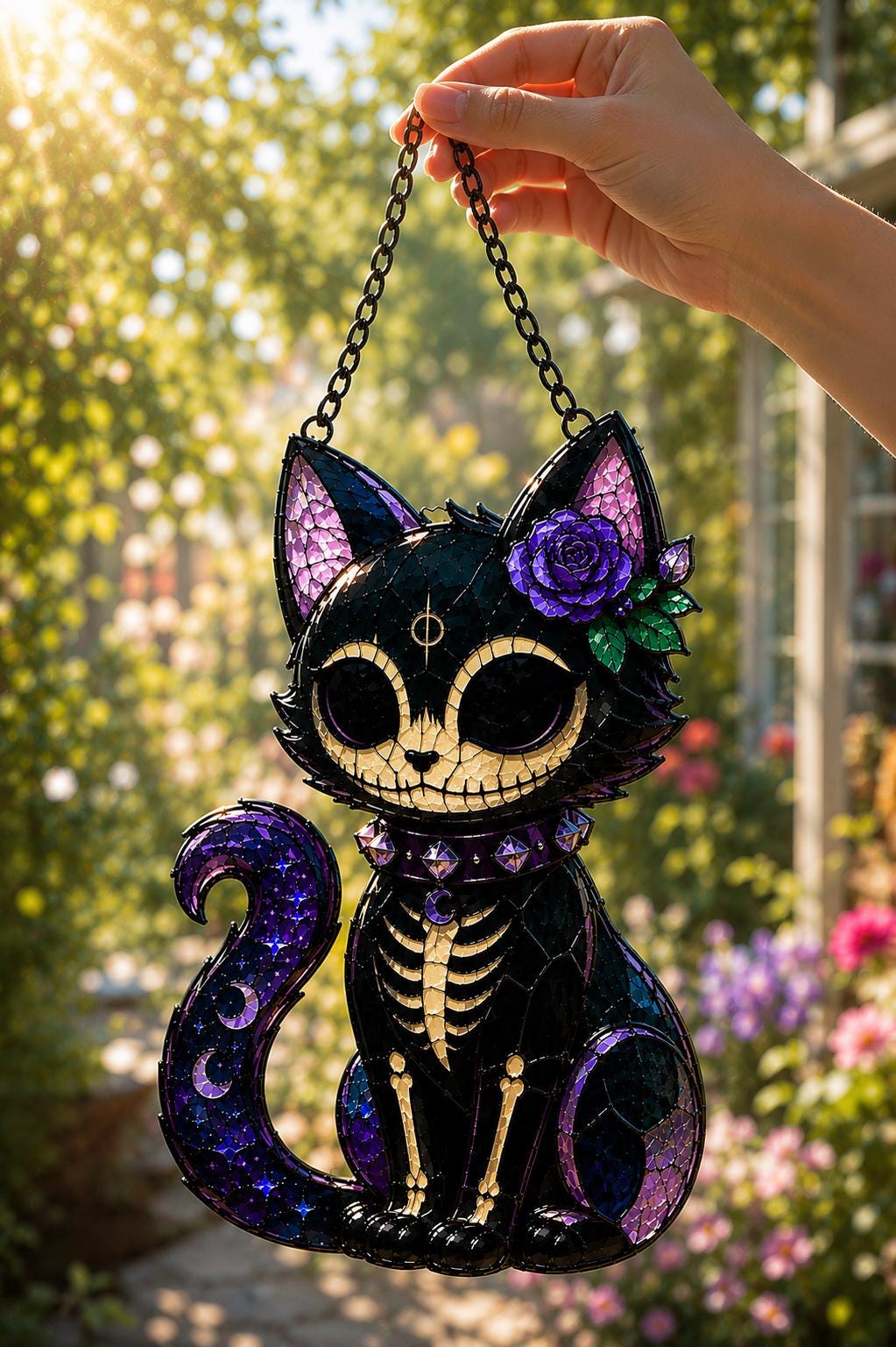 Skeleton Cat Suncatcher - Gothic Stained Glass Style Window Hanging - image 4