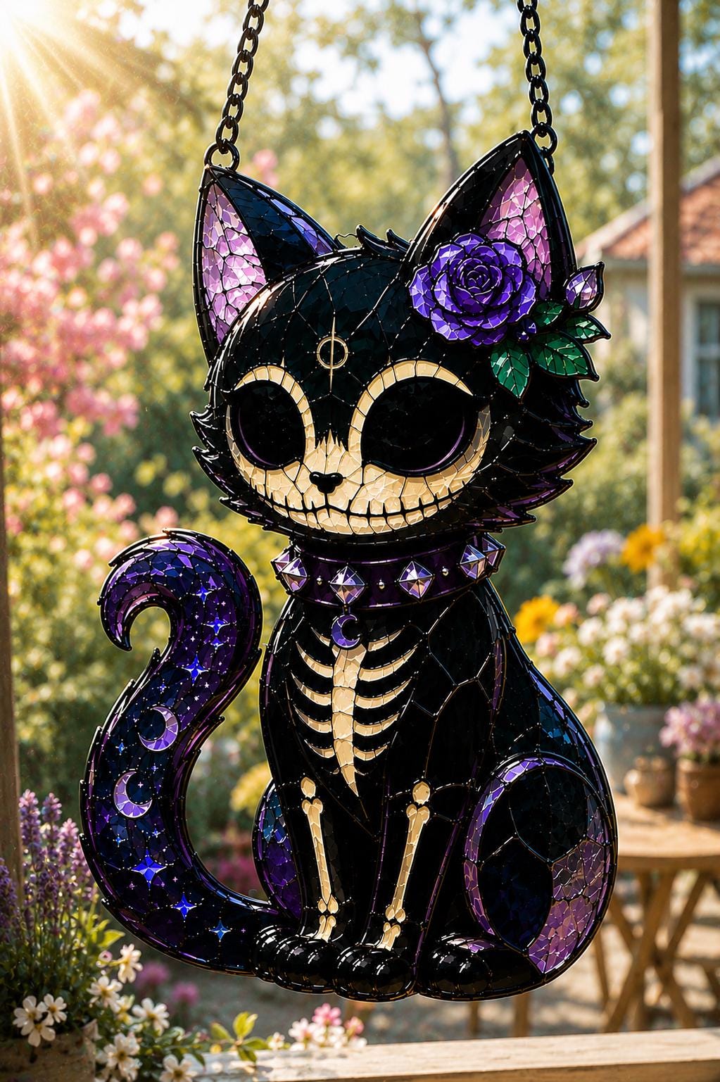 Skeleton Cat Suncatcher - Gothic Stained Glass Style Window Hanging - image 5