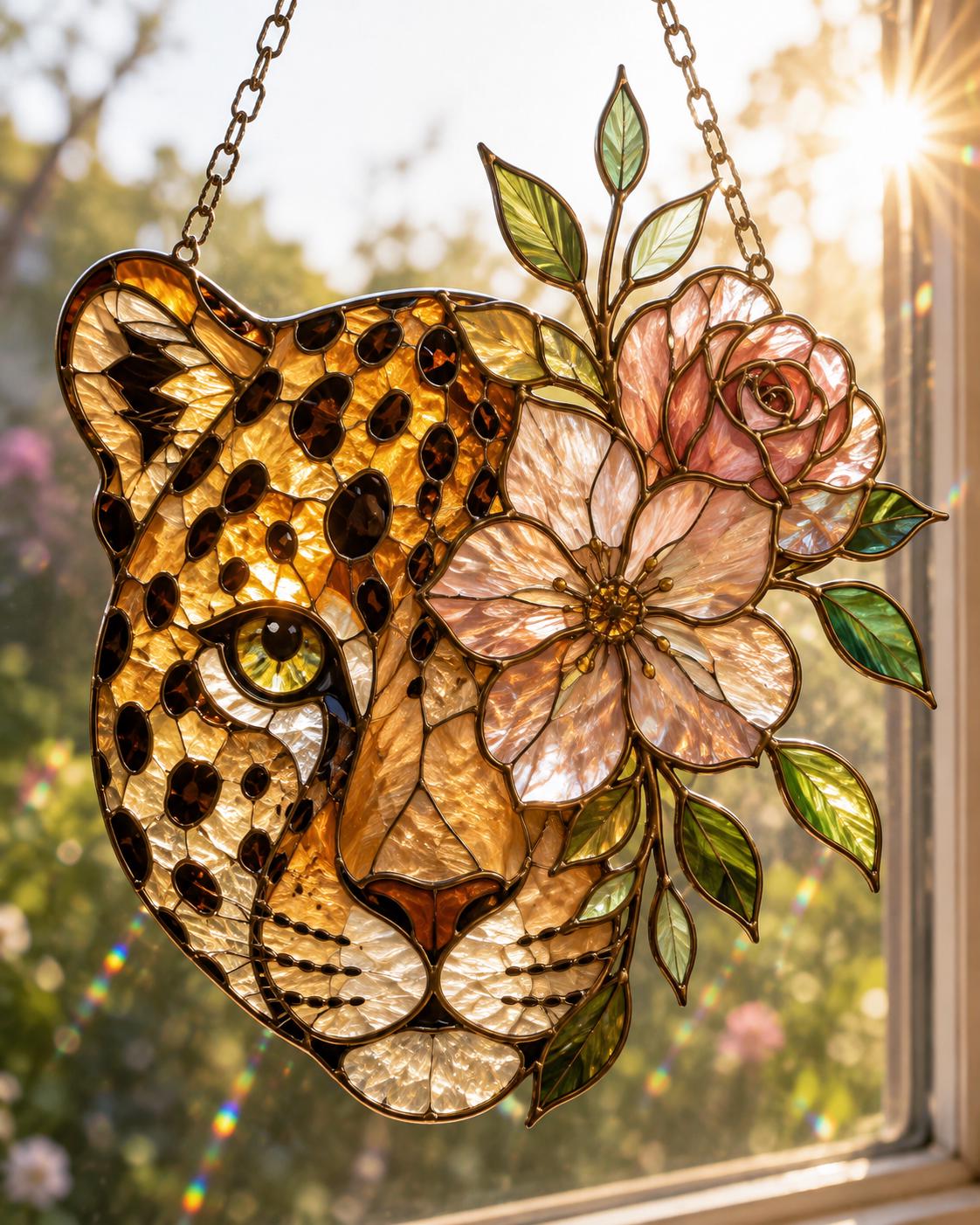 Floral Leopard Suncatcher - Acrylic Window Hanging