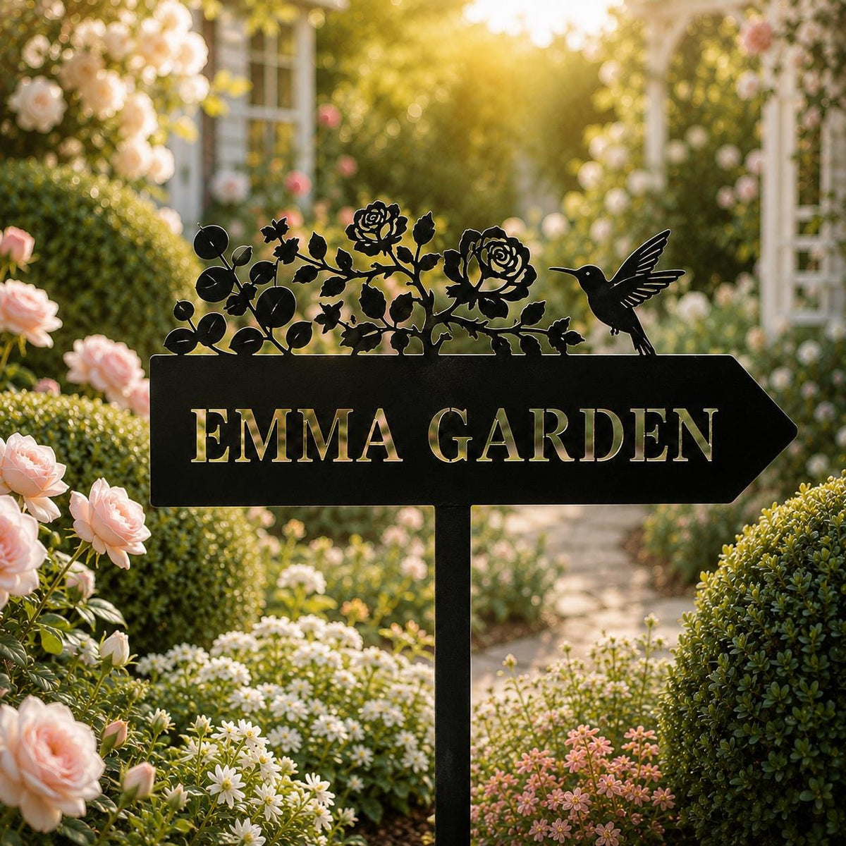Hummingbird Rose Garden Sign - Personalized Name Metal Arrow Stake - image 4