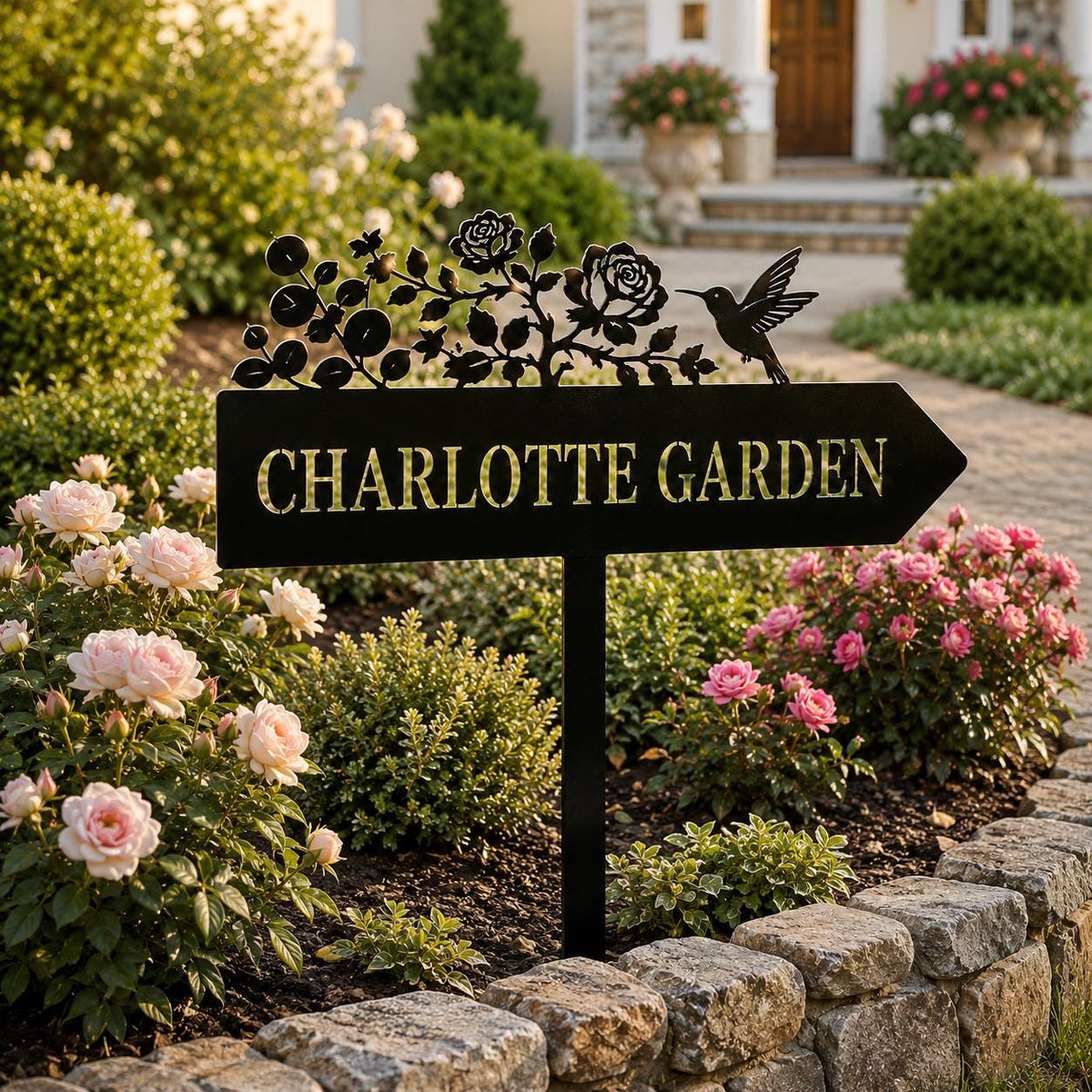 Hummingbird Rose Garden Sign - Personalized Name Metal Arrow Stake - image 3