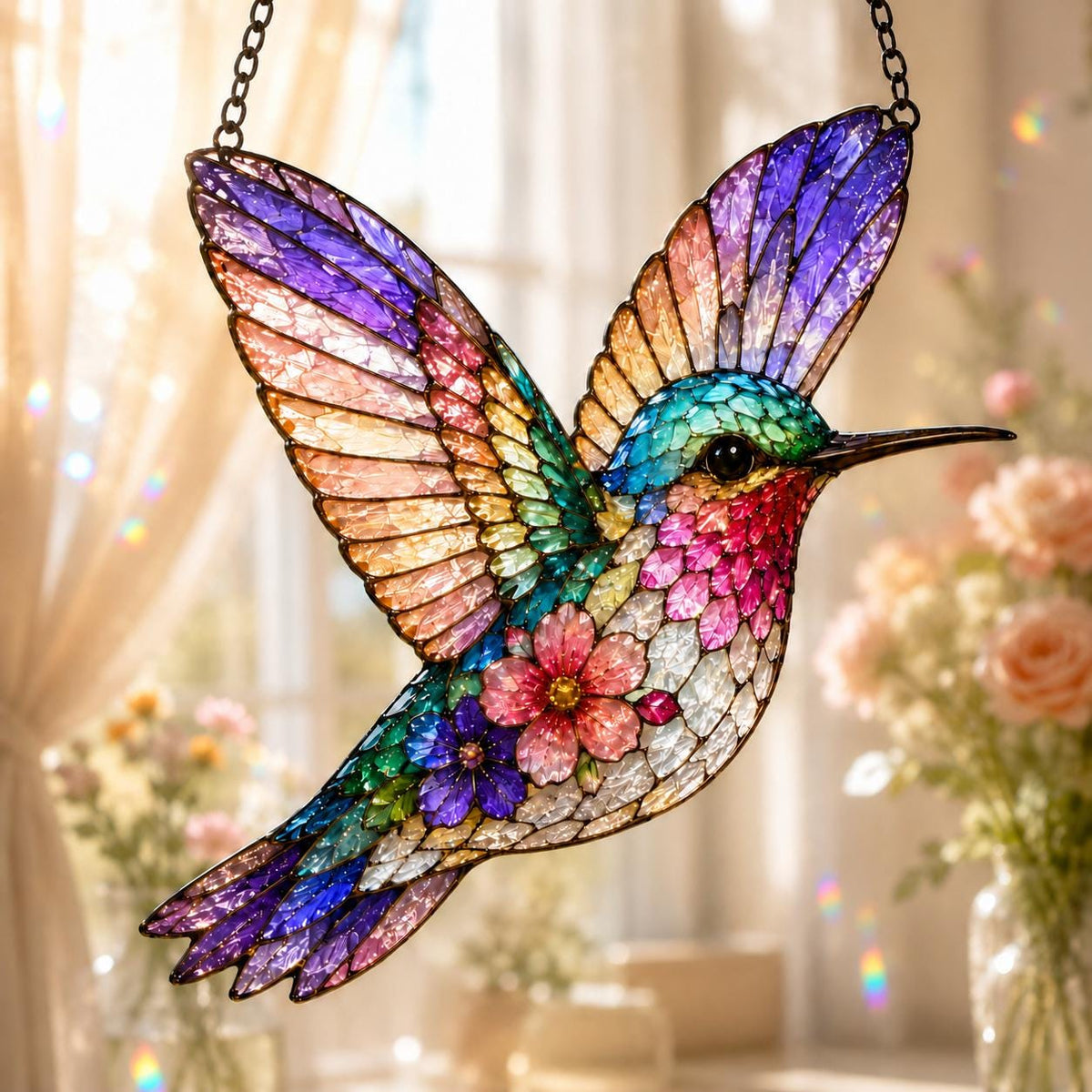 Hummingbird Suncatcher - Floral Acrylic Window Hanging