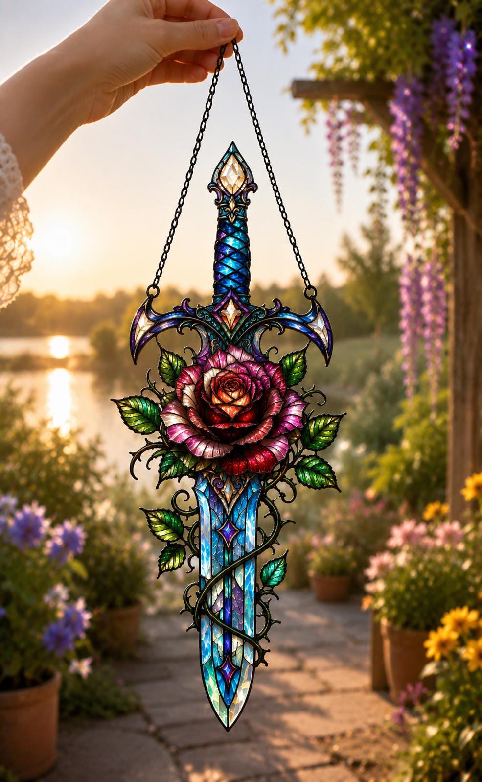 Rose Sword Suncatcher - Gothic Floral Acrylic Window Hanging - image 3