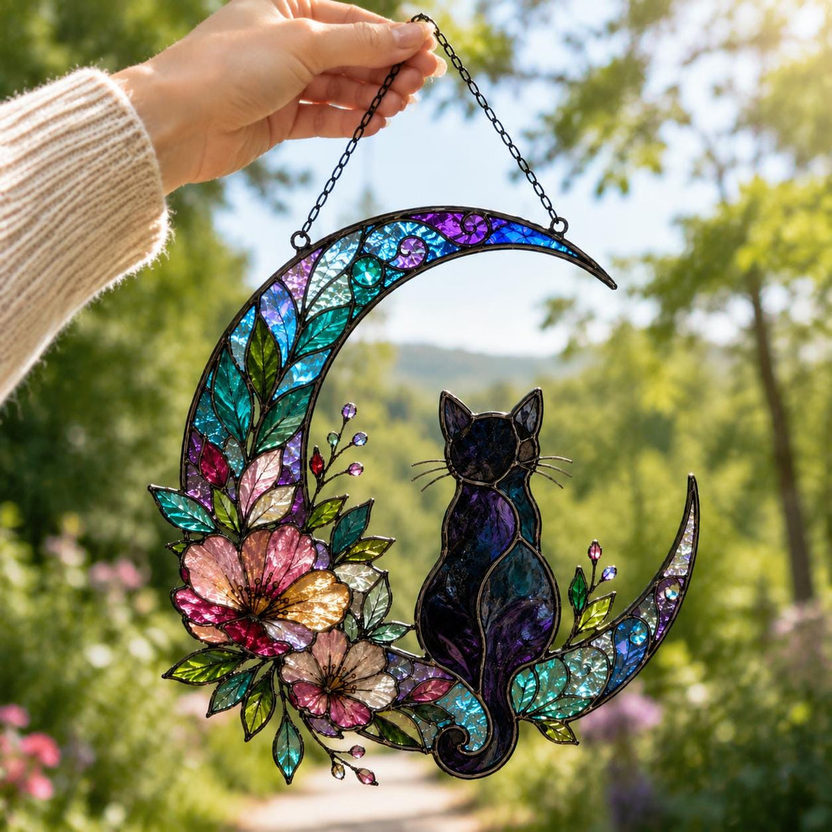 Moon Cat Suncatcher - Black Cat Acrylic Window Hanging - image 5