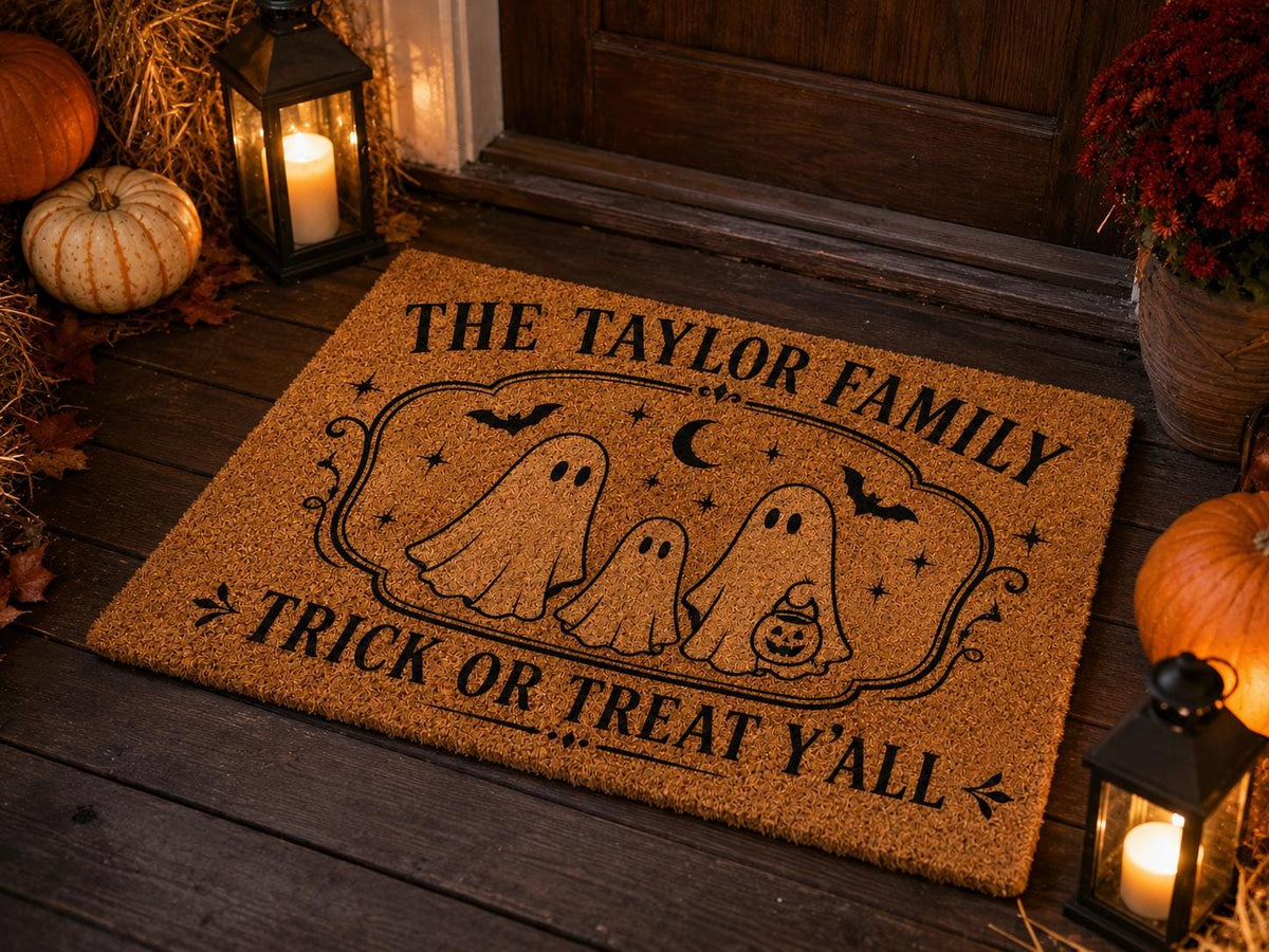 Personalized Halloween Doormat - Custom Family Name Ghost Welcome Mat
