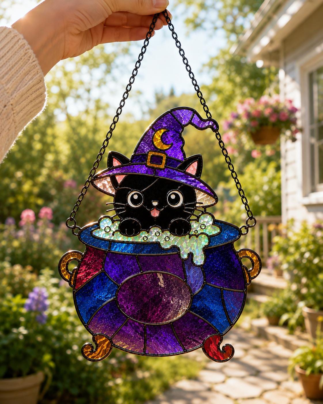 Witch Cat Cauldron Suncatcher - Acrylic Halloween Window Hanging - image 2