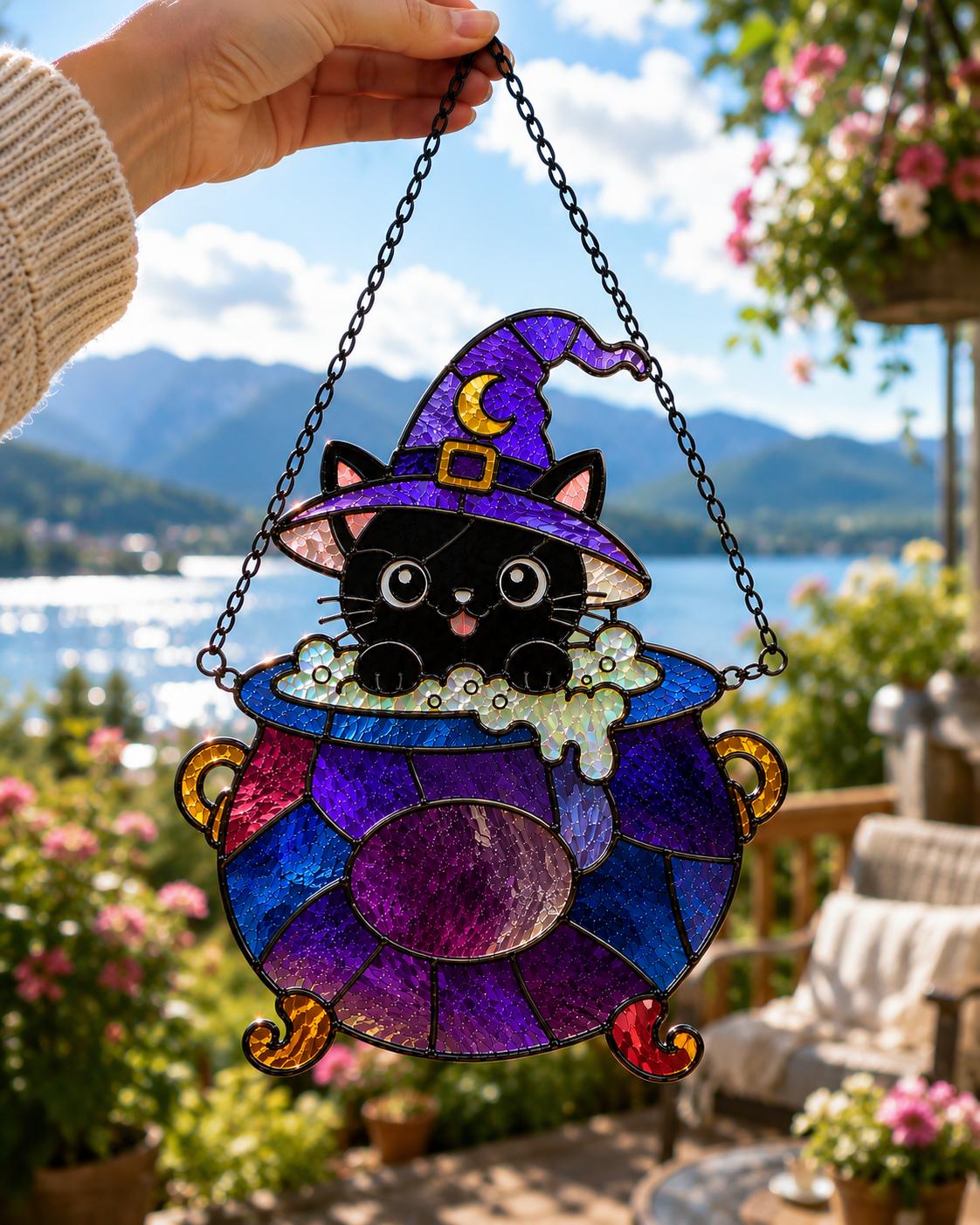 Witch Cat Cauldron Suncatcher - Acrylic Halloween Window Hanging - image 4