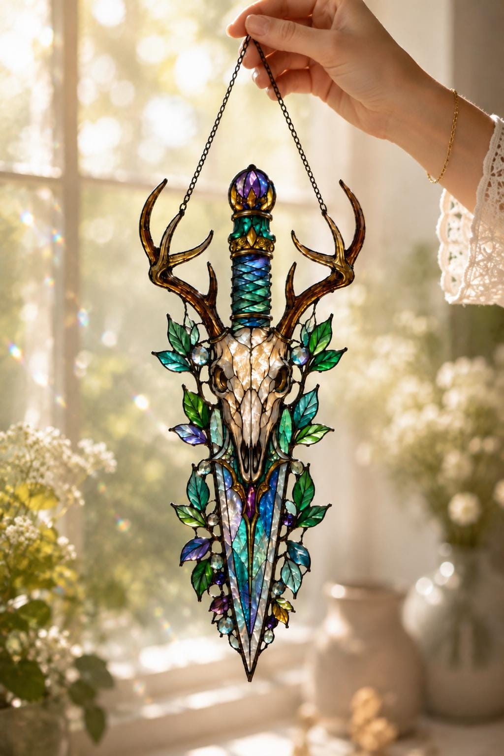 Deer Skull Dagger Suncatcher - Gothic Antler Acrylic Window Hanging - image 7