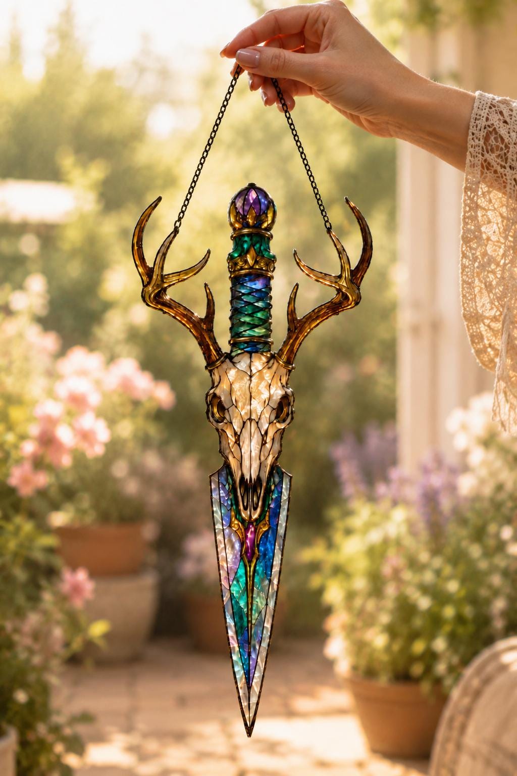 Deer Skull Dagger Suncatcher - Gothic Antler Acrylic Window Hanging - image 4