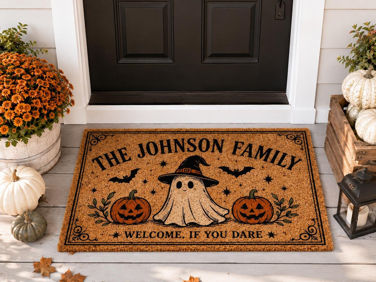 Personalized Halloween Doormat - Custom Family Name Ghost Welcome Mat