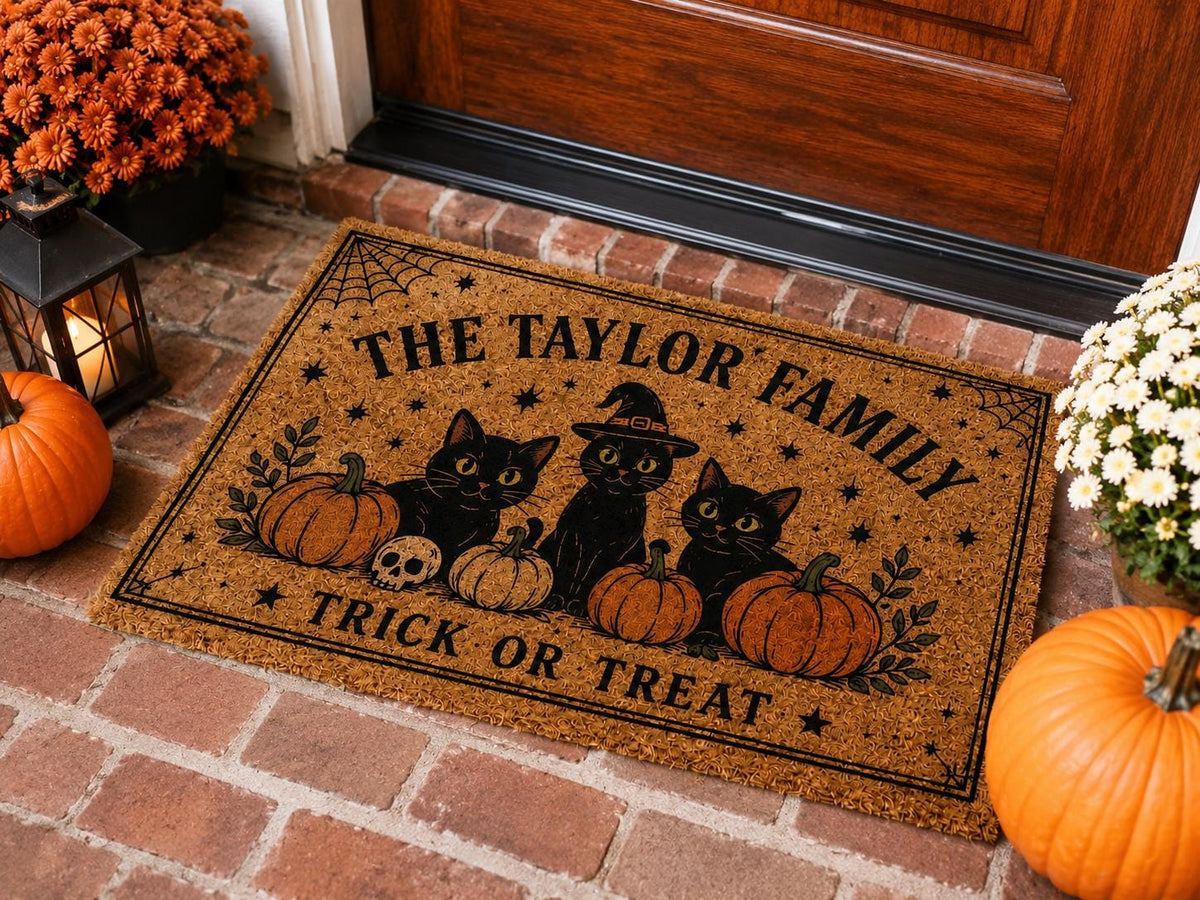 Black Cat Halloween Doormat - Personalized Family Name Welcome Mat