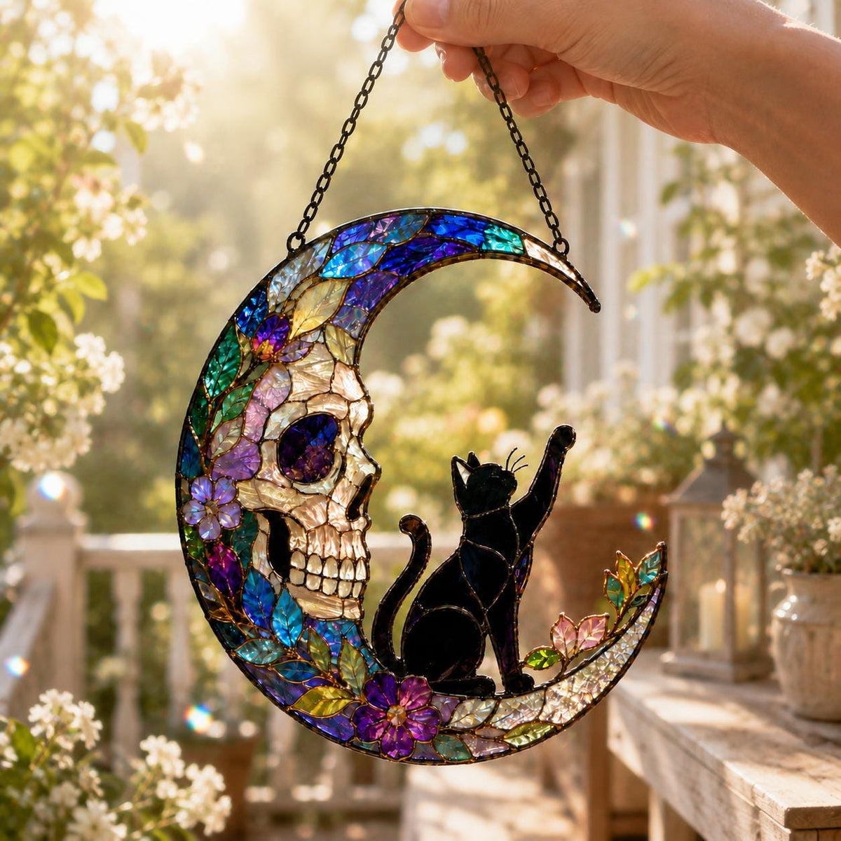 Skull Moon Suncatcher - Black Cat Acrylic Window Hanging - image 4