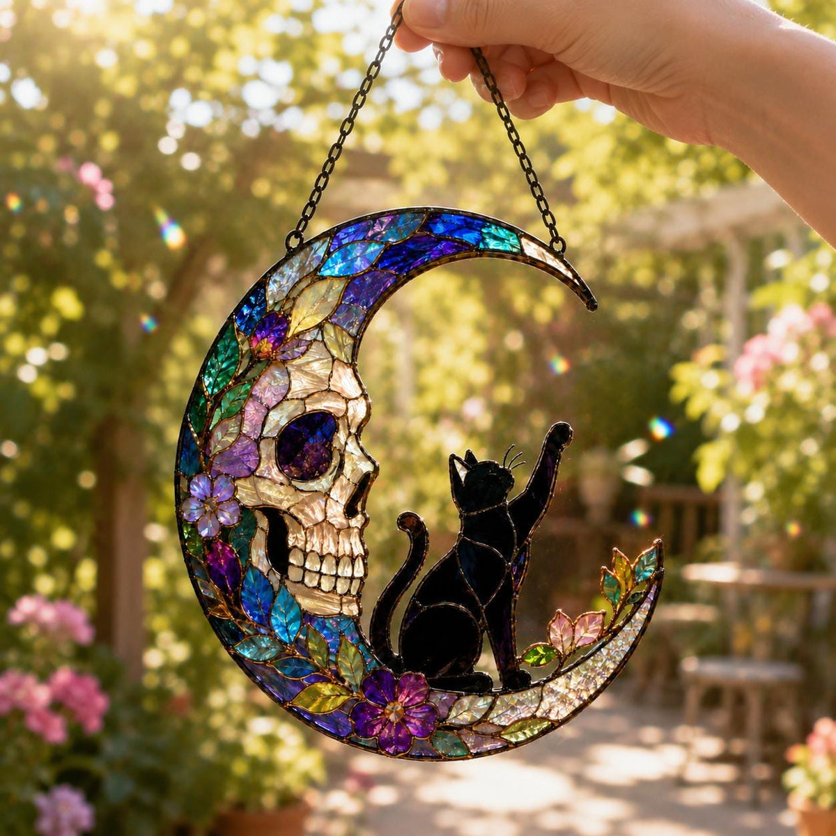 Skull Moon Suncatcher - Black Cat Acrylic Window Hanging - image 6