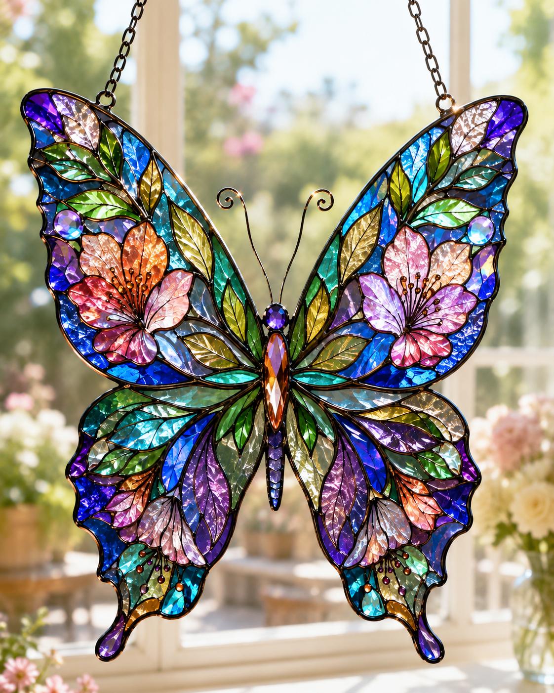 Botanical Butterfly Suncatcher - Acrylic Floral Window Hanging