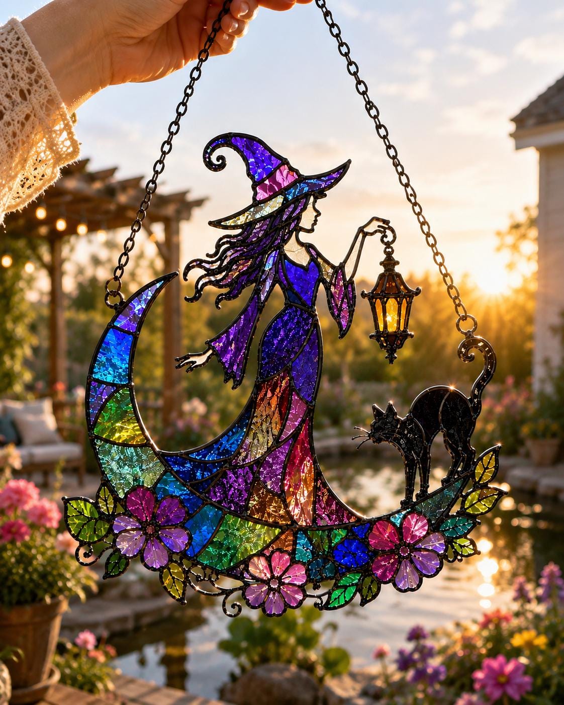 Witch & Black Cat Suncatcher - Crescent Moon Acrylic Window Hanging - image 2
