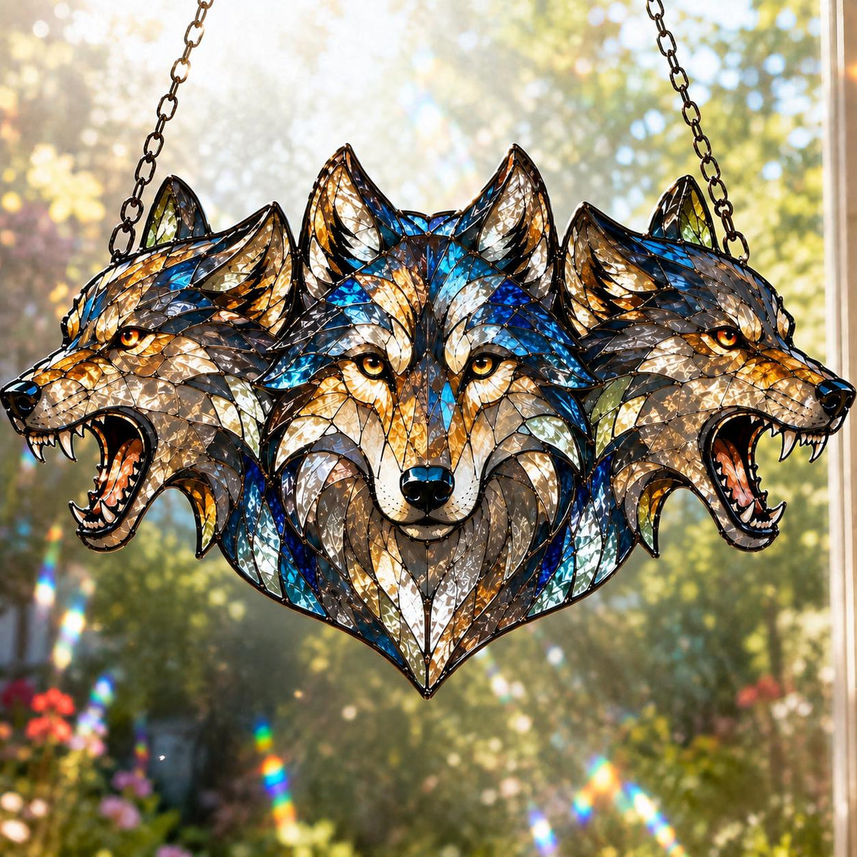 Three Wolves Suncatcher - Acrylic Wolf Pack Window Hanging