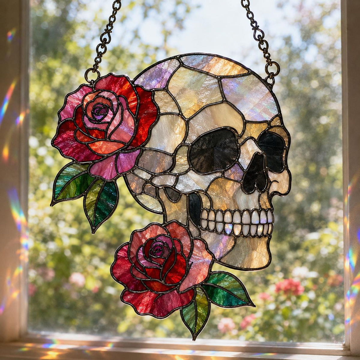 Rose Skull Suncatcher - Acrylic Skull Window Hanging