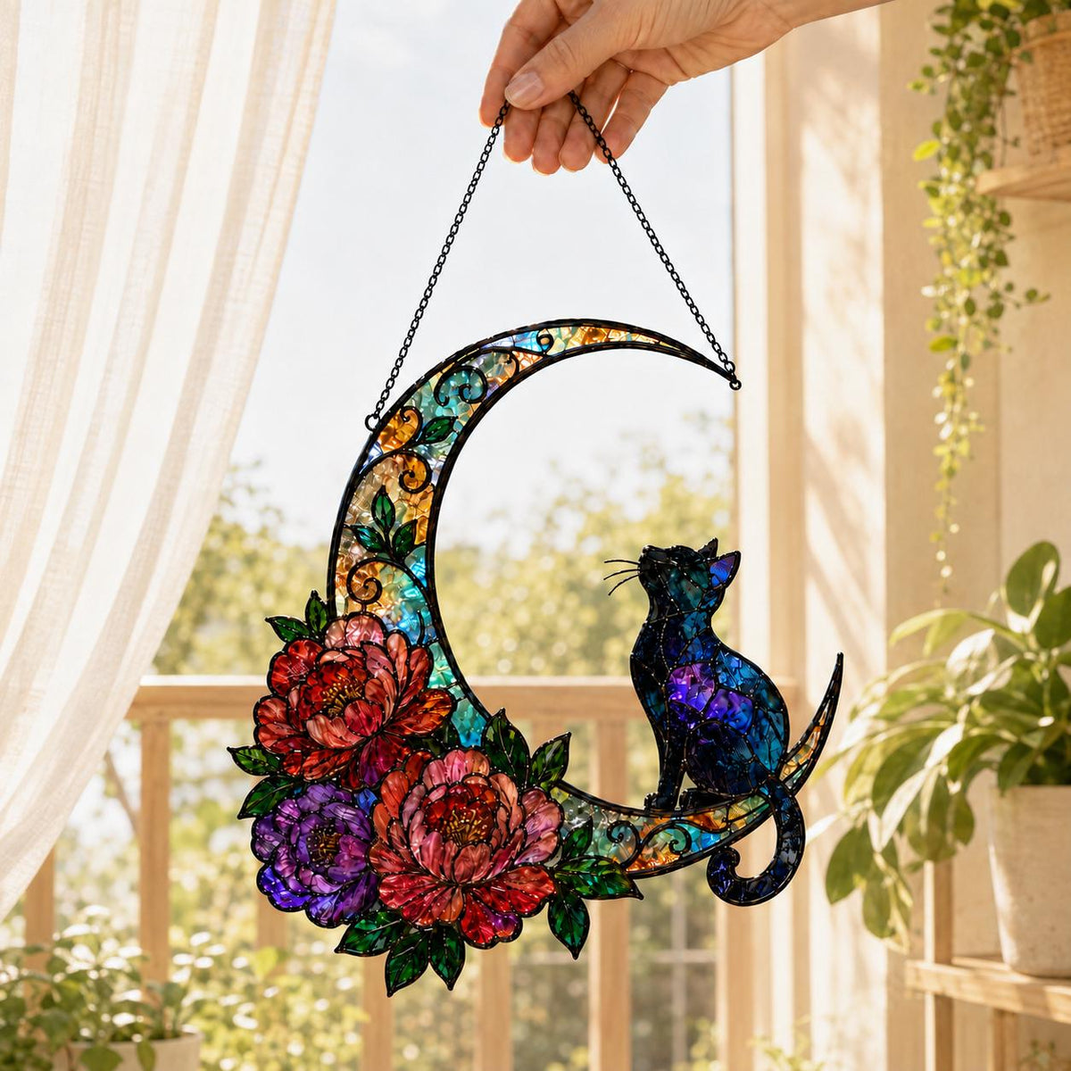 Cat Moon Suncatcher - Acrylic Cat Window Hanging - image 2