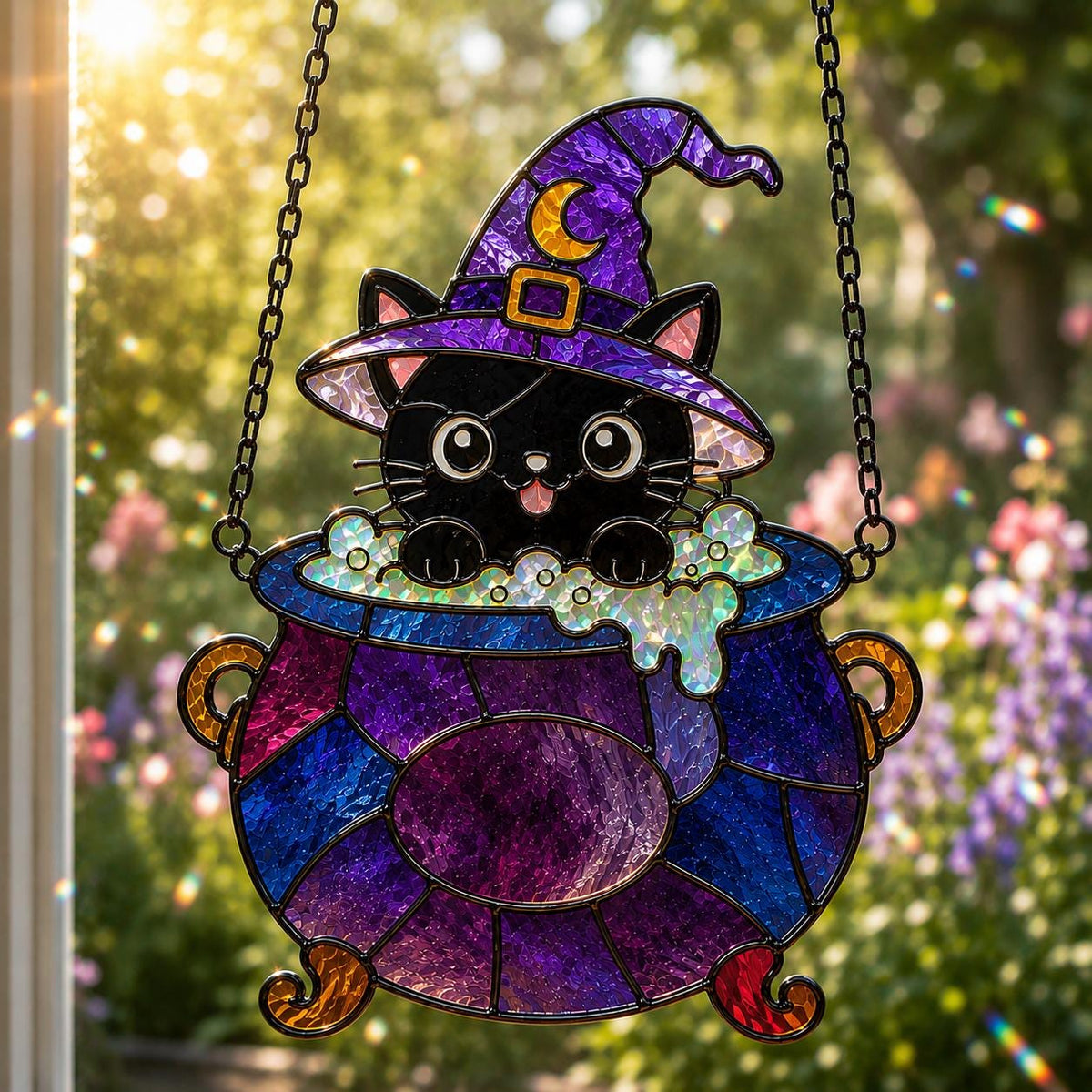 Witch Cat Cauldron Suncatcher - Acrylic Halloween Window Hanging