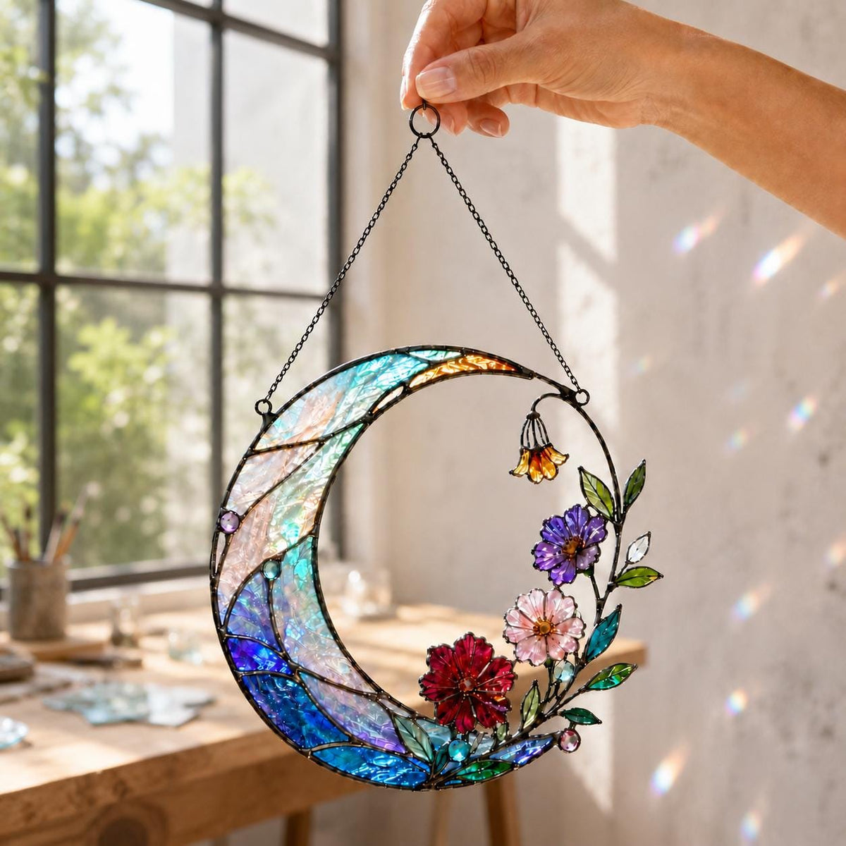 Acrylic Crescent Moon Suncatcher - Floral Stained Glass Window Hanging - image 2