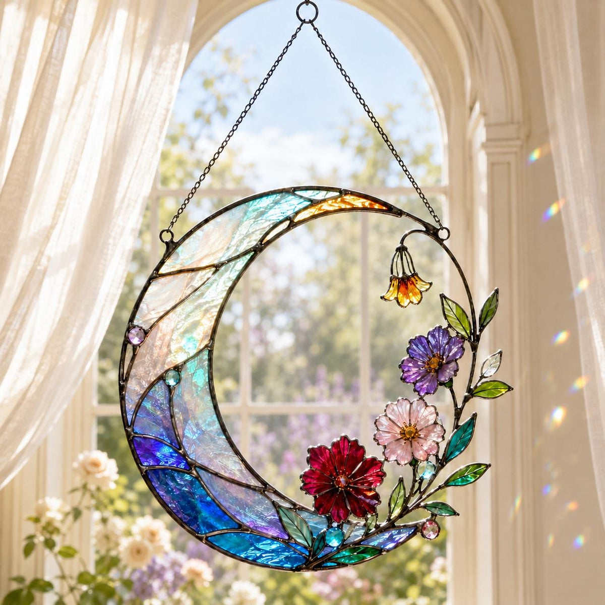 Acrylic Crescent Moon Suncatcher - Floral Stained Glass Window Hanging - image 5